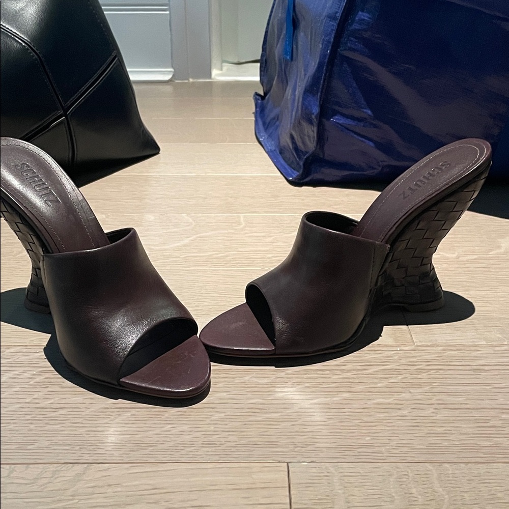 SCHUTZ Chocolate Woven Heel Mules